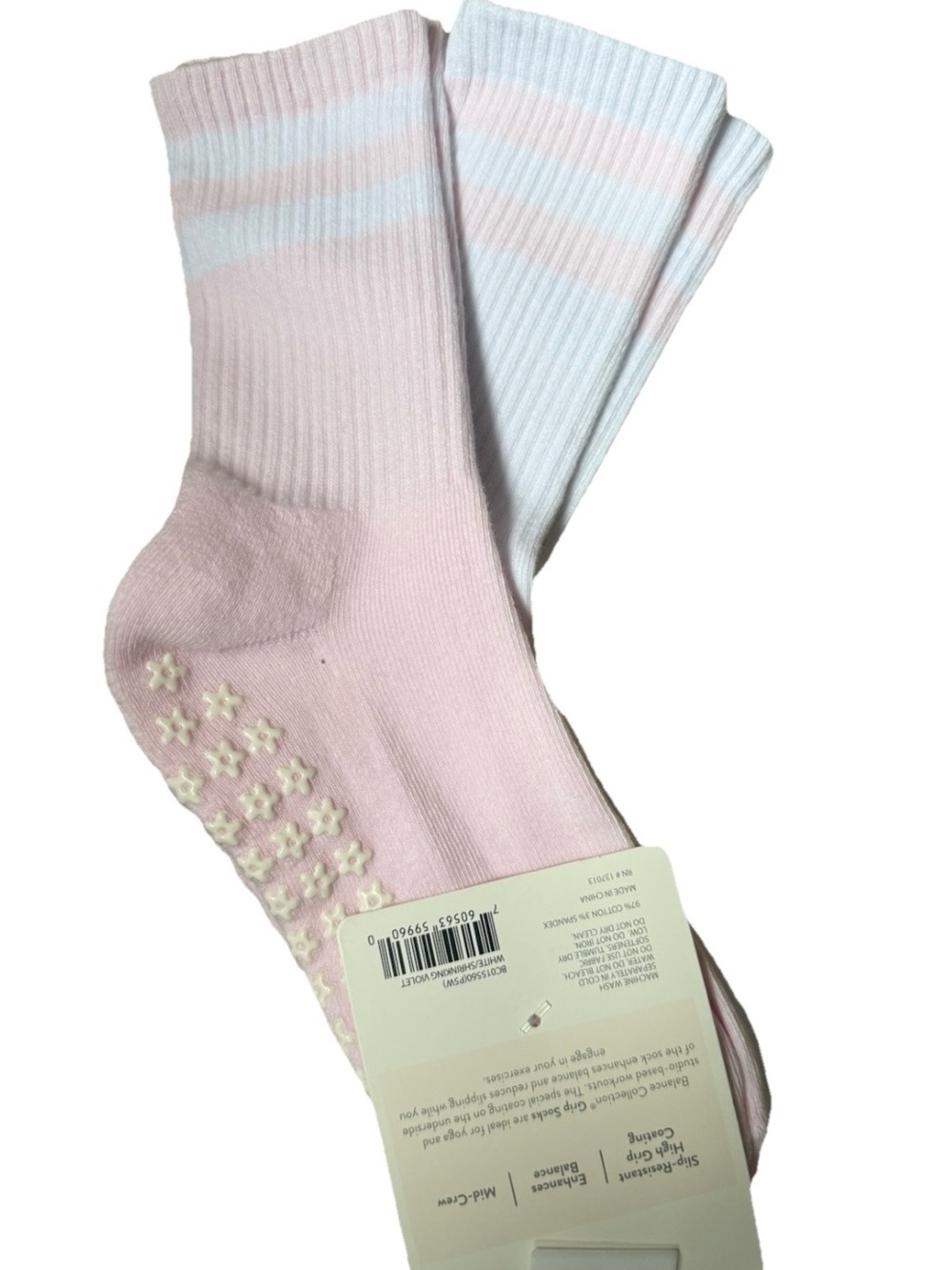 Balance Collection Women's Non-Slip Crew Socks - Light Pink & White